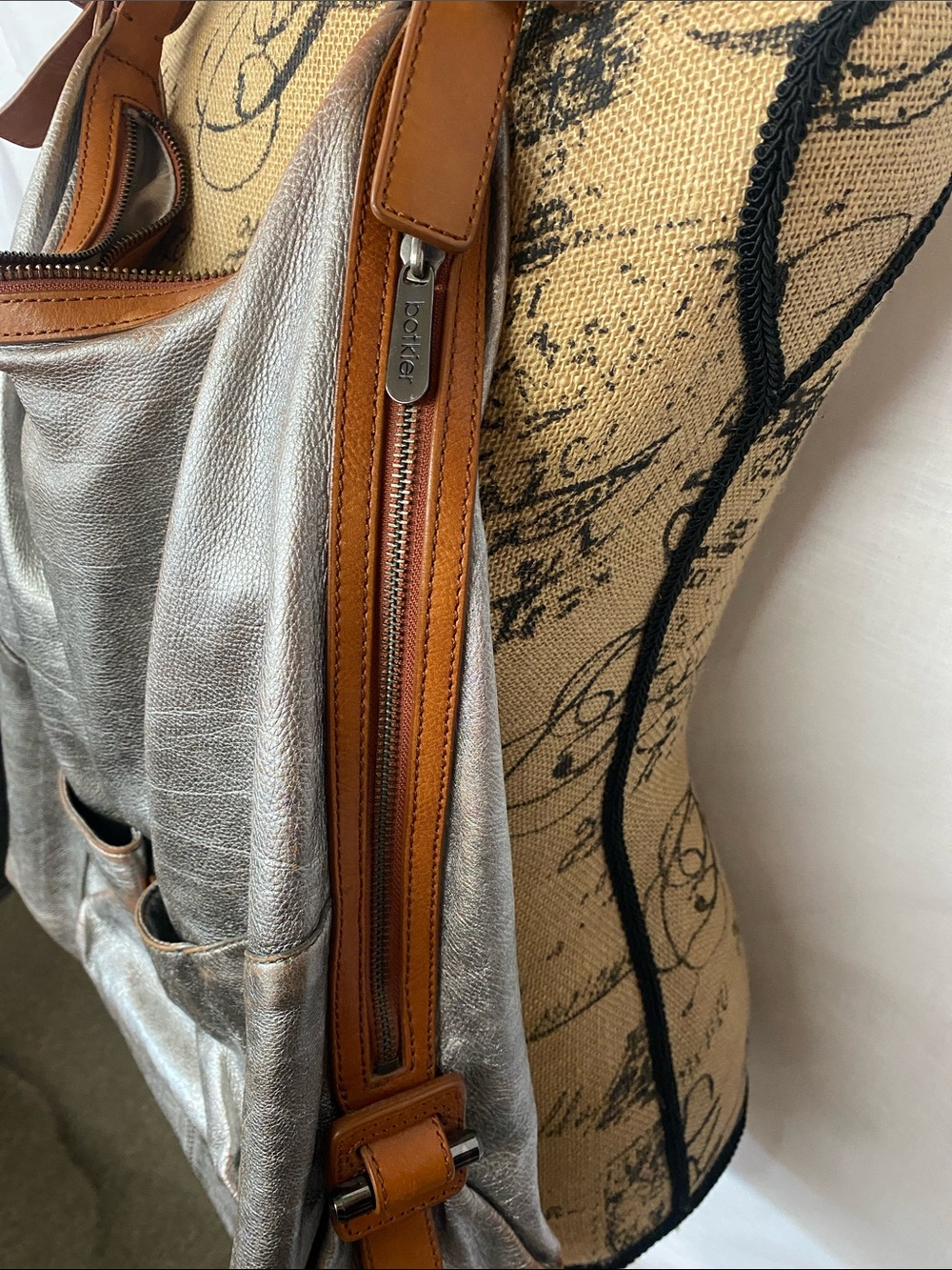 Botkier Metallic Silver Hobo Shoulder Bag with Brown Trim - Picture 7 of 10